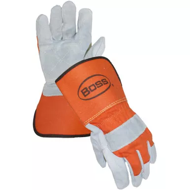 Boss, Split Cowhide Double Leather Palm, Orange Fabric Back/Rub Gauntlet Cuff, L - Size L, Orange 1 Pair - Split Leather Palm 1JL2394