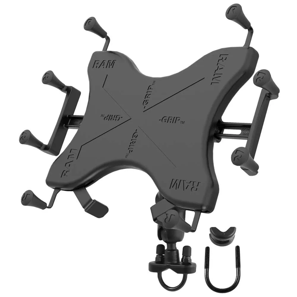 RAM Mount Handlebar Rail Mount w/Zinc Coated U-Bolt Base & Universal X-Grip Cradle for 10″ Large Tablets