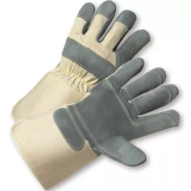 Split Cowhide Double Palm, Patch on Fingers, Canvas Back, Gauntlet Cuff - Size L, Natural 1 Dozen - Split Leather Palm 800DP-AA/L